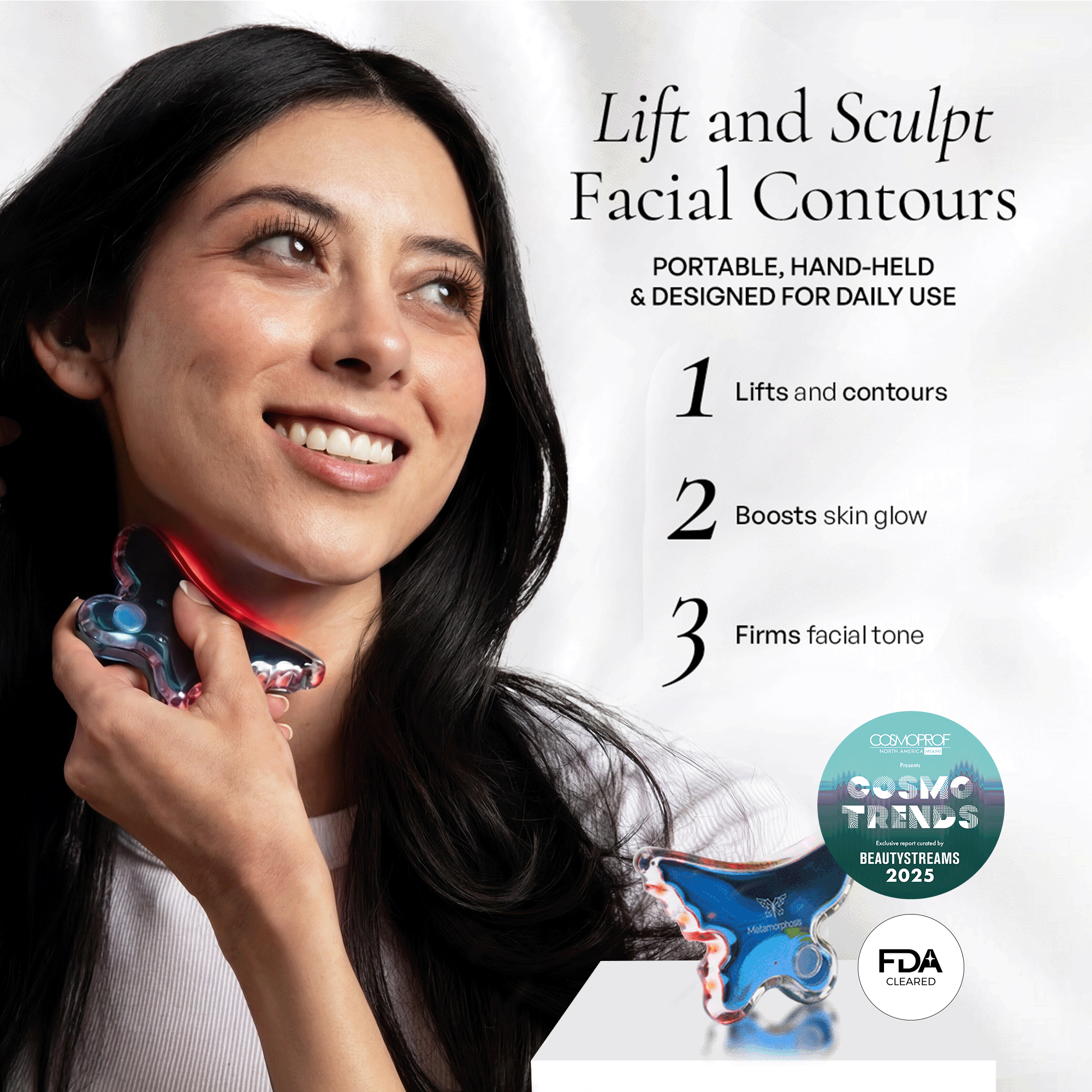 Metamorphosis Woman using a facial contouring device with product features and certifications displayed.
