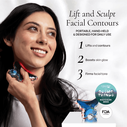 Metamorphosis Woman using a facial contouring device with product features and certifications displayed.