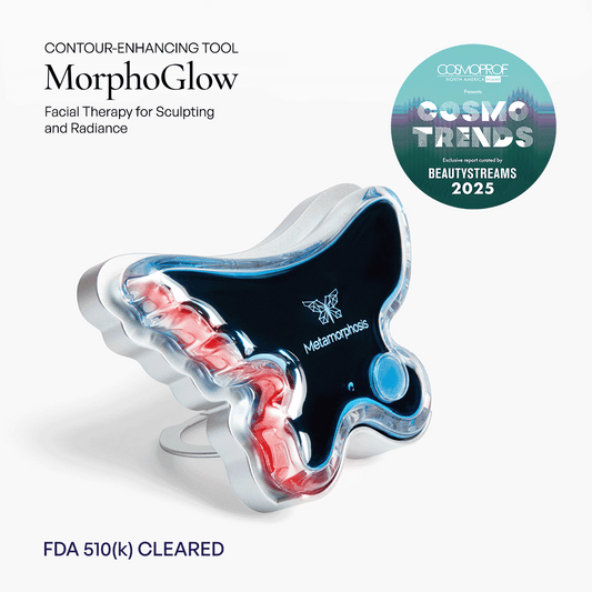 FDA 510(k) cleared MorphoGlow contour-enhancing tool by Metamorphosis, featured in Cosmoprof North America 2025 Cosmo Trends for facial sculpting and radiance.