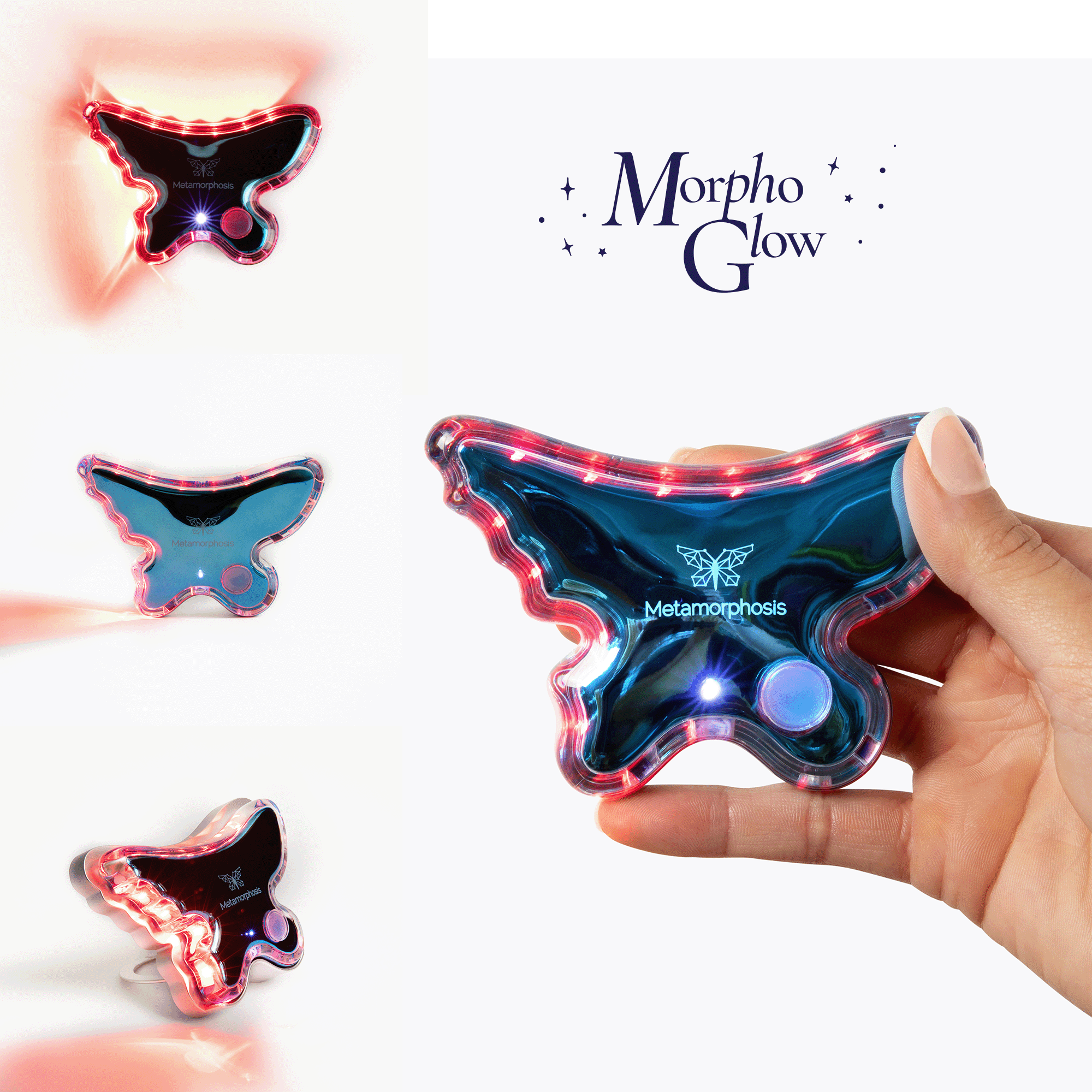 Metamorphosis Butterfly-shaped LED lights with 'Morpho Glow' branding on a white background