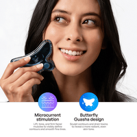 Metamorphosis Woman holding a facial tool with text about microcurrent stimulation and Guasha design on a white background