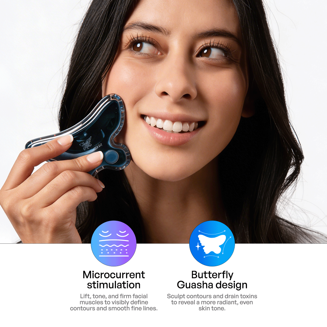 Metamorphosis Woman holding a facial tool with text about microcurrent stimulation and Guasha design on a white background