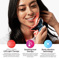 Metamorphosis Woman using a skincare device with text on LED light therapy, soothing heat therapy, and sonic vibration technology.