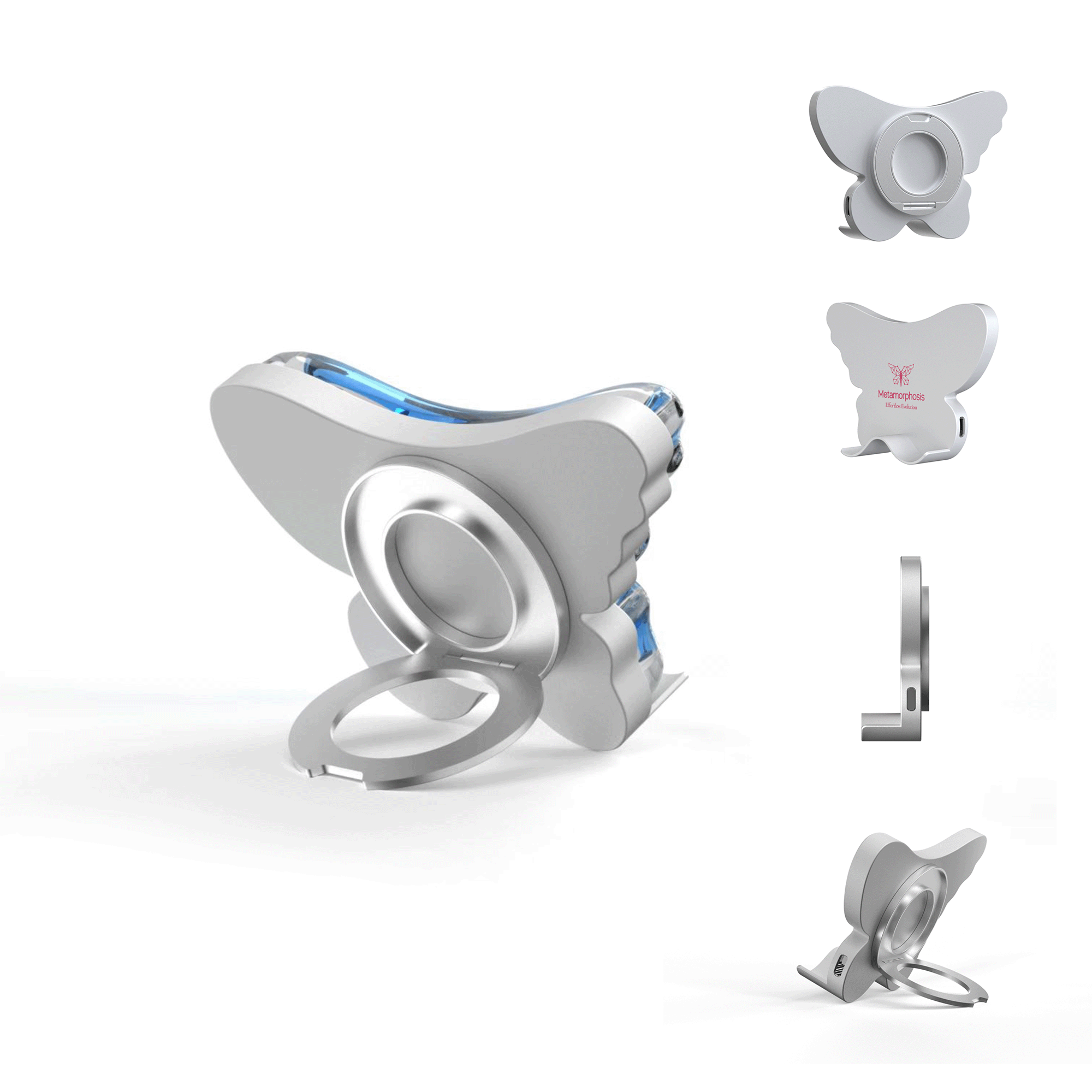 Metamorphosis Set of silver phone holders on a white background