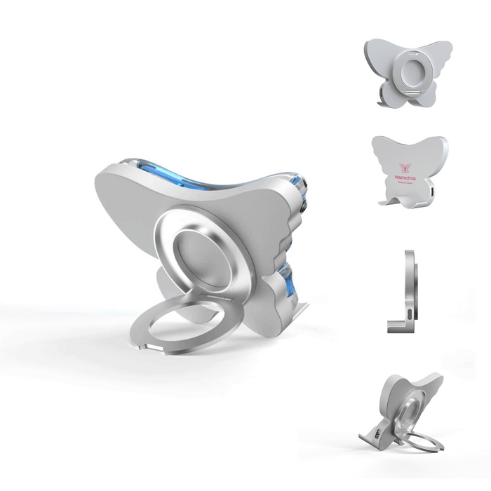 Metamorphosis Set of silver phone holders on a white background