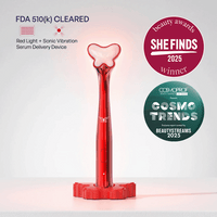 Metamorphosis Red light and sonic vibration serum delivery device with awards on a white background