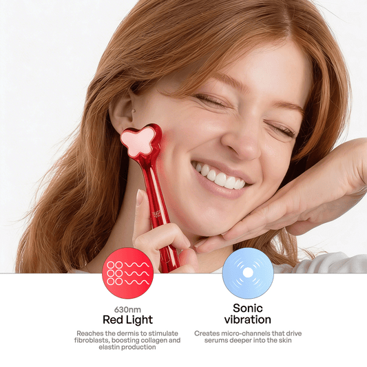 Metamorphosis Woman using a red light device on her face with text about red light and sonic vibration.