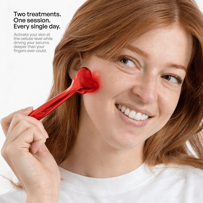 Metamorphosis Woman applying a red cosmetic tool to her face with text about treatments and sessions.