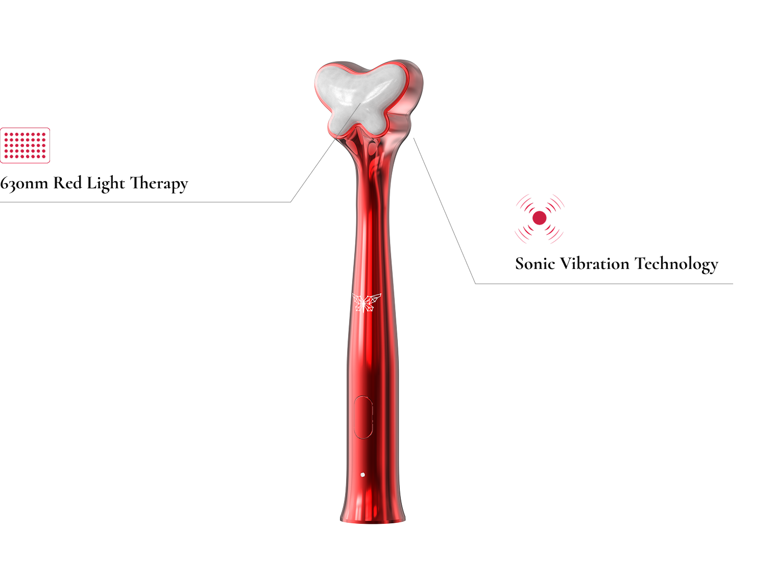 Technical product diagram of a red butterfly-shaped facial massage wand highlighting features like 630nm red light therapy and sonic vibration technology on a dark grid background.