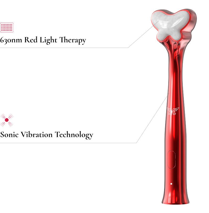 Technical product diagram of a red butterfly-shaped facial massage wand highlighting features like 630nm red light therapy and sonic vibration technology on a dark grid background.
