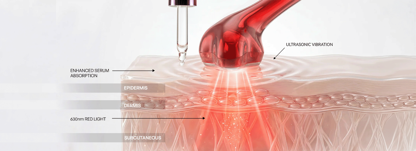 Red light therapy device enhancing serum absorption into skin layers with 630nm LED light treatment by Metamorphosis Light Therapy