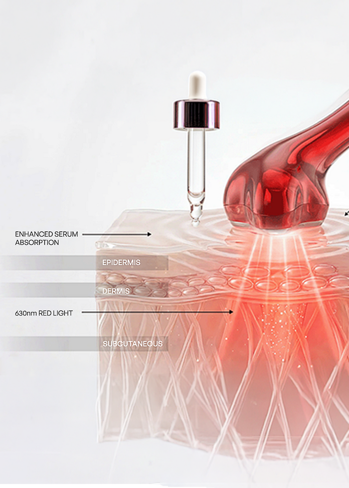 Red light therapy device enhancing serum absorption into skin layers with 630nm LED light treatment by Metamorphosis Light Therapy