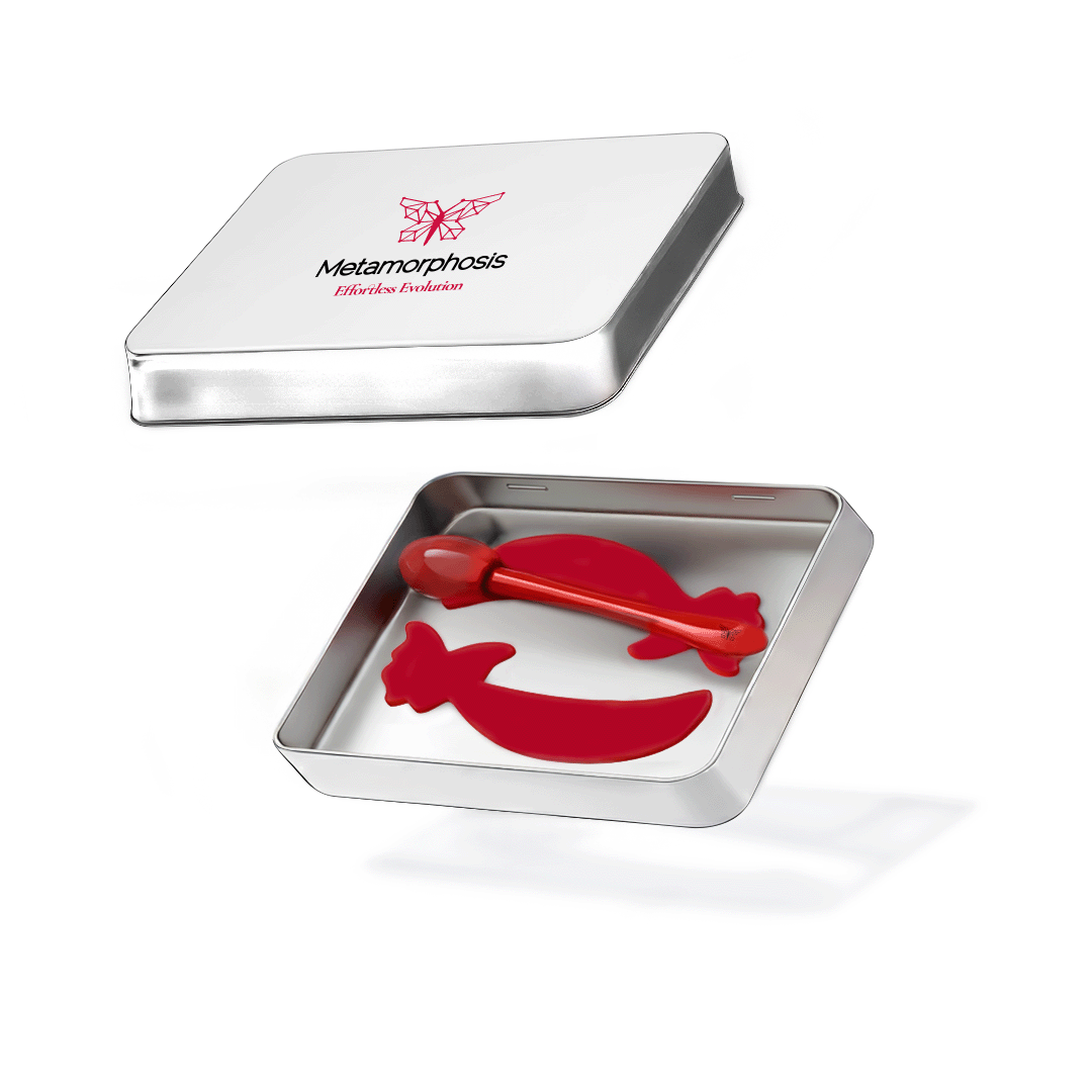 Metamorphosis Medical-grade reusable silicone skincare patches with stainless steel lymphatic roller in tin