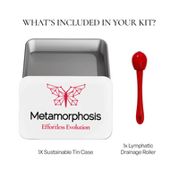 Metamorphosis Medical-grade reusable silicone skincare patches with stainless steel lymphatic roller in tin
