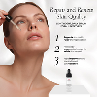 Metamorphosis SkinExcellence Exosome Serum infographic highlighting exosome technology for skin repair, regeneration, and improved texture.