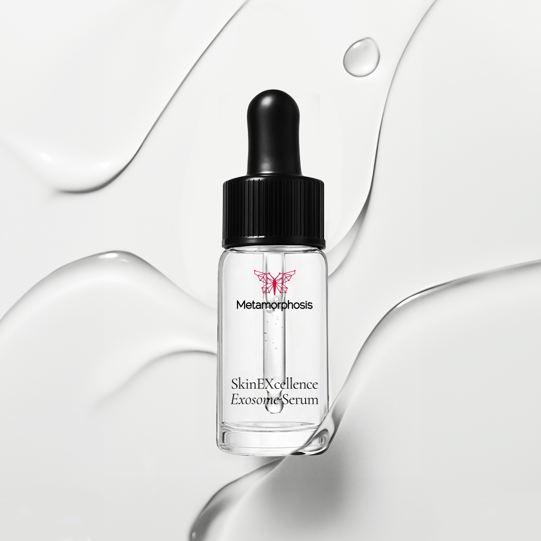 Metamorphosis by SkinEXcellence Exosome Serum for red light therapy boosting, skin rejuvenation, and fine line reduction.