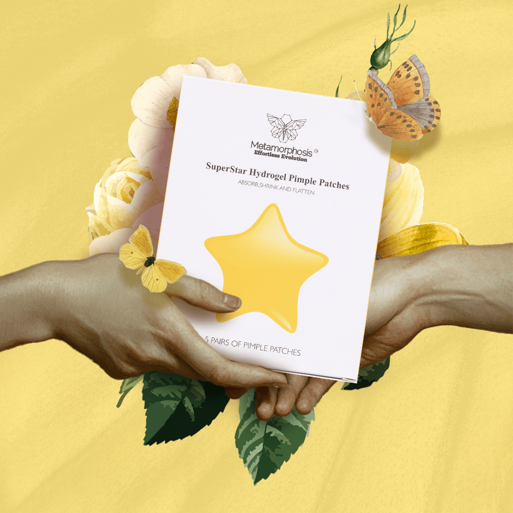 Metamorphosis SuperStar Hydrogel Pimple Patches held by hands with flowers and butterflies.