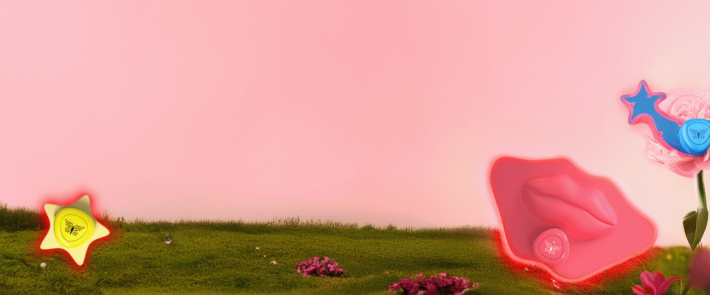 Surreal spring landscape with glowing lips, star icons, and colorful flowers in a dreamy pastel meadow representing metamorphosis and creativity