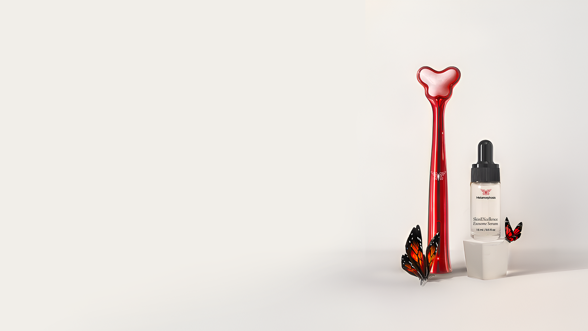 Metamorphosis RubyRadiance Rejuvenator red light therapy wand standing next to SkinExcellence Exosome Serum with monarch butterflies