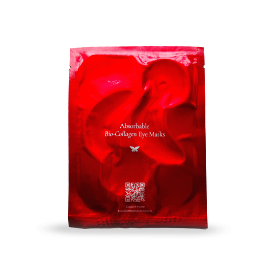 A single red foil sachet packet of Metamorphosis Absorbable Bio-Collagen Eye Masks, designed for under-eye recovery and revitalisation.