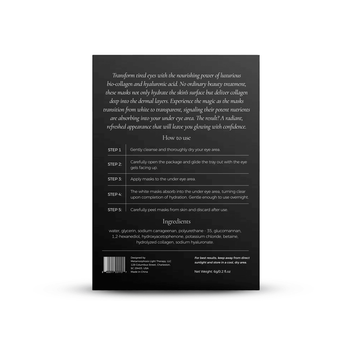The back of the Metamorphosis Absorbable Bio-Collagen Eye Masks product box, featuring usage instructions in five steps, a full list of ingredients including collagen and hyaluronic acid, and net weight details.