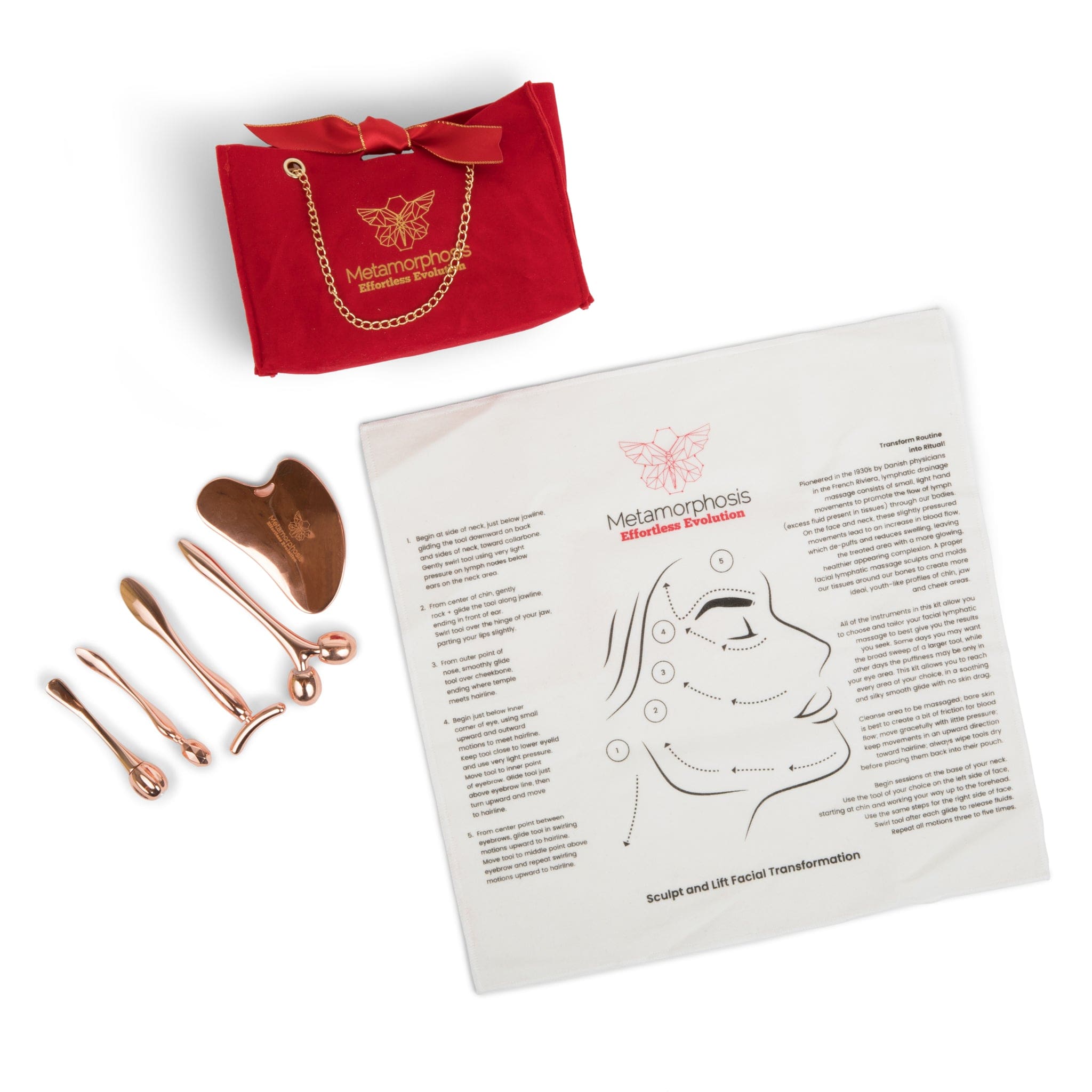 Metamorphosis facial sculpting kit including a red velvet gift bag, instruction card, and copper-toned beauty tools such as a Gua Sha, rollers, and spatulas for a 'Sculpt and Lift Facial Transformation'