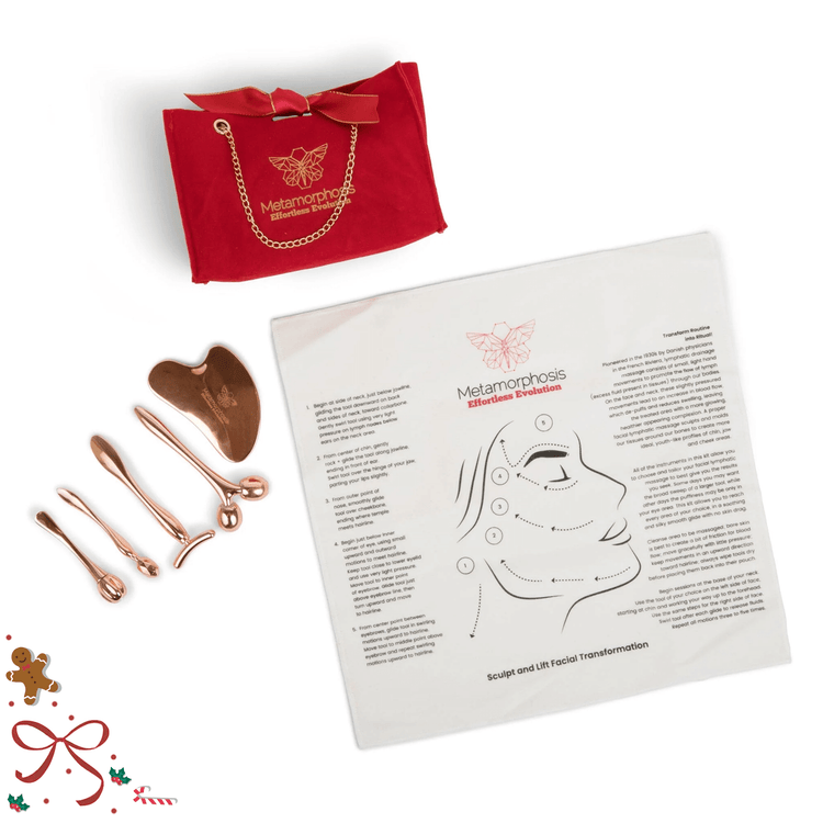 Metamorphosis facial sculpting kit including a red velvet gift bag, instruction card, and copper-toned beauty tools such as a Gua Sha, rollers, and spatulas for a 'Sculpt and Lift Facial Transformation'