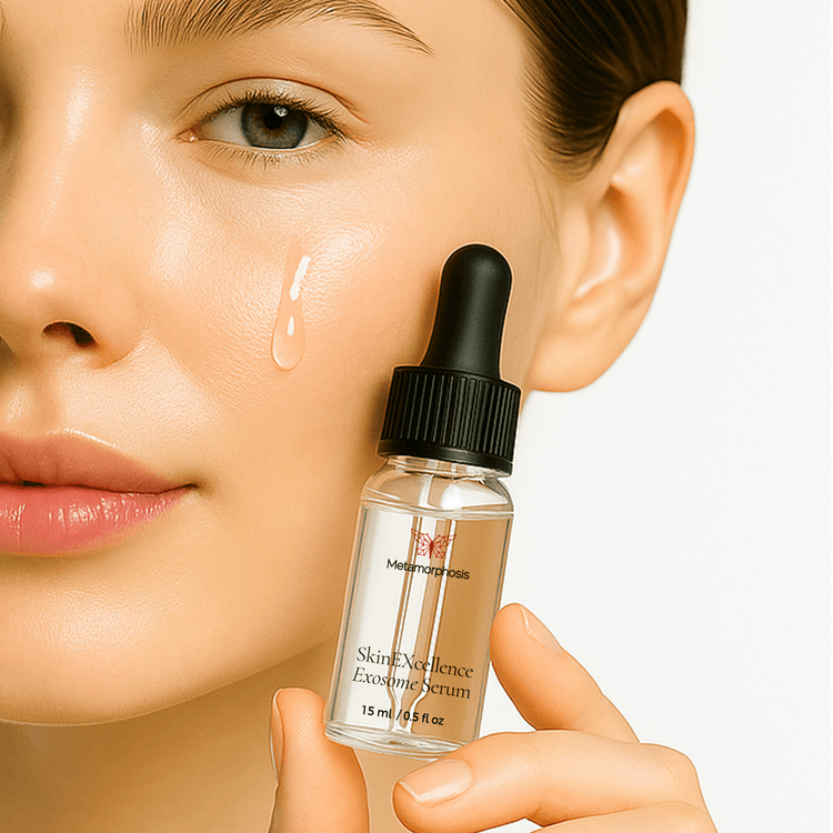 Metamorphosis SkinEXcellence Exosome Serum from a dropper bottle to her cheek, highlighting the product's advanced skincare application for enhanced absorption and deep cellular repair.