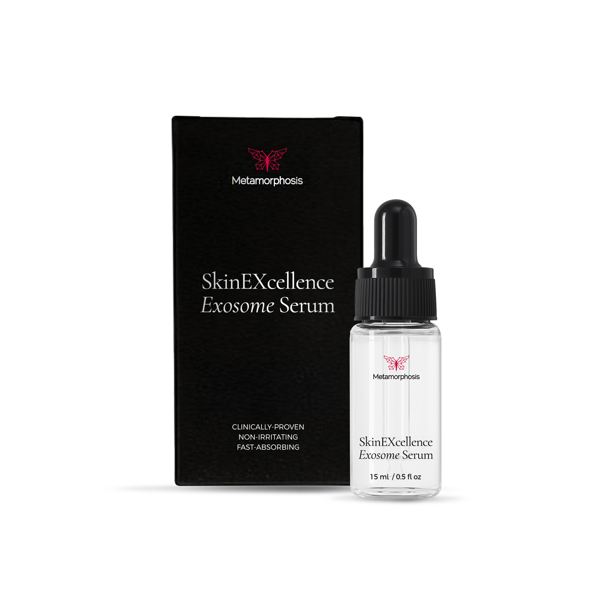 Metamorphosis SkinEXcellence Exosome Serum (15ml), highlighting claims like clinically-proven, non-irritating, and fast-absorbing for skin rejuvenation.