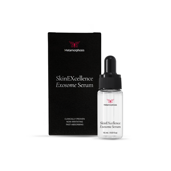 Metamorphosis SkinEXcellence Exosome Serum (15ml), highlighting claims like clinically-proven, non-irritating, and fast-absorbing for skin rejuvenation.