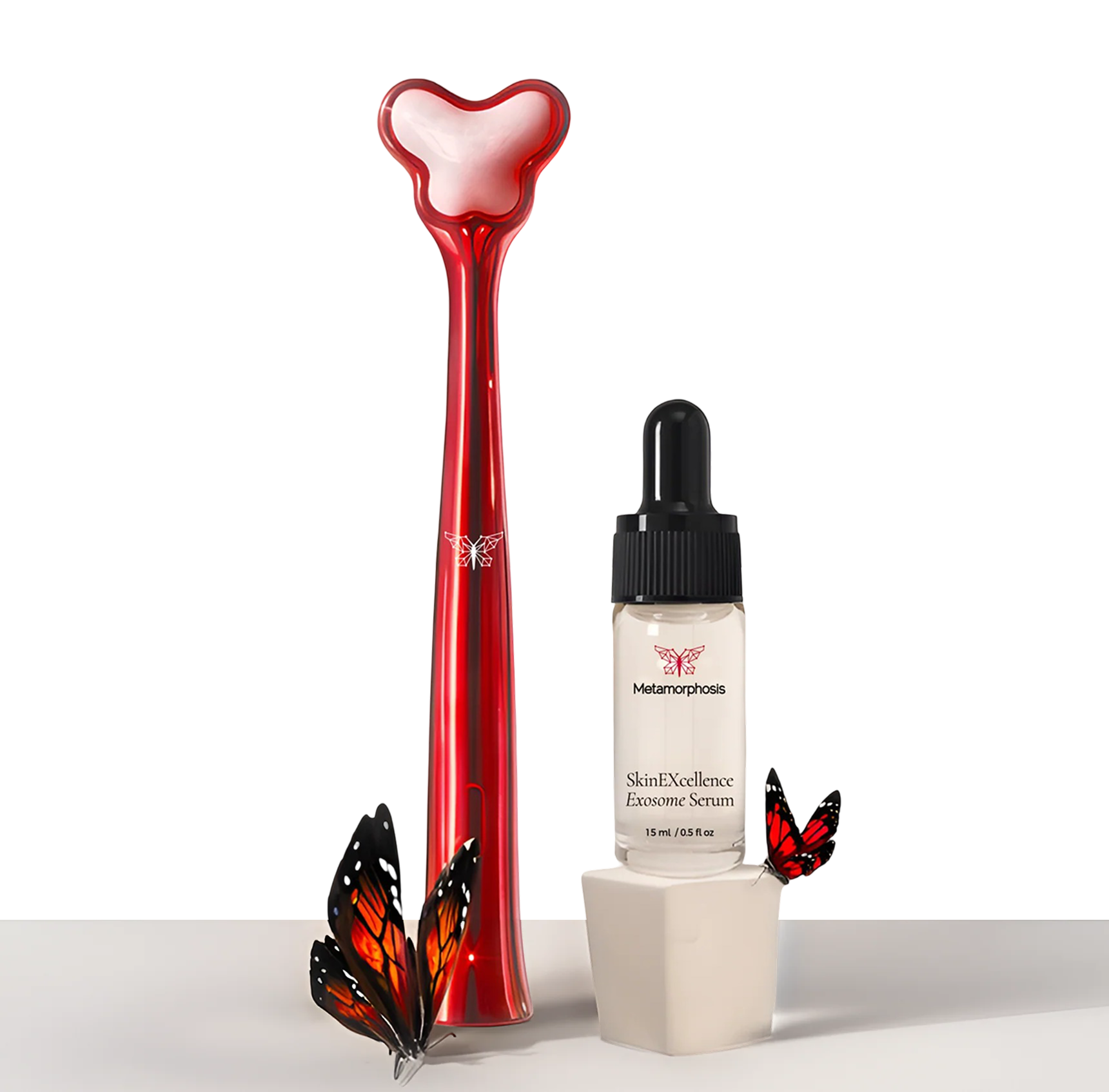 Targeted periorbital therapy kit with red light wand and rejuvenating skin serum on a minimalist cream background banne